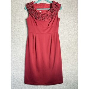 Maggie London Sheath Dress Pink Fuschia Red Sleeveless Ruffle Rose Neck MEDIUM/8